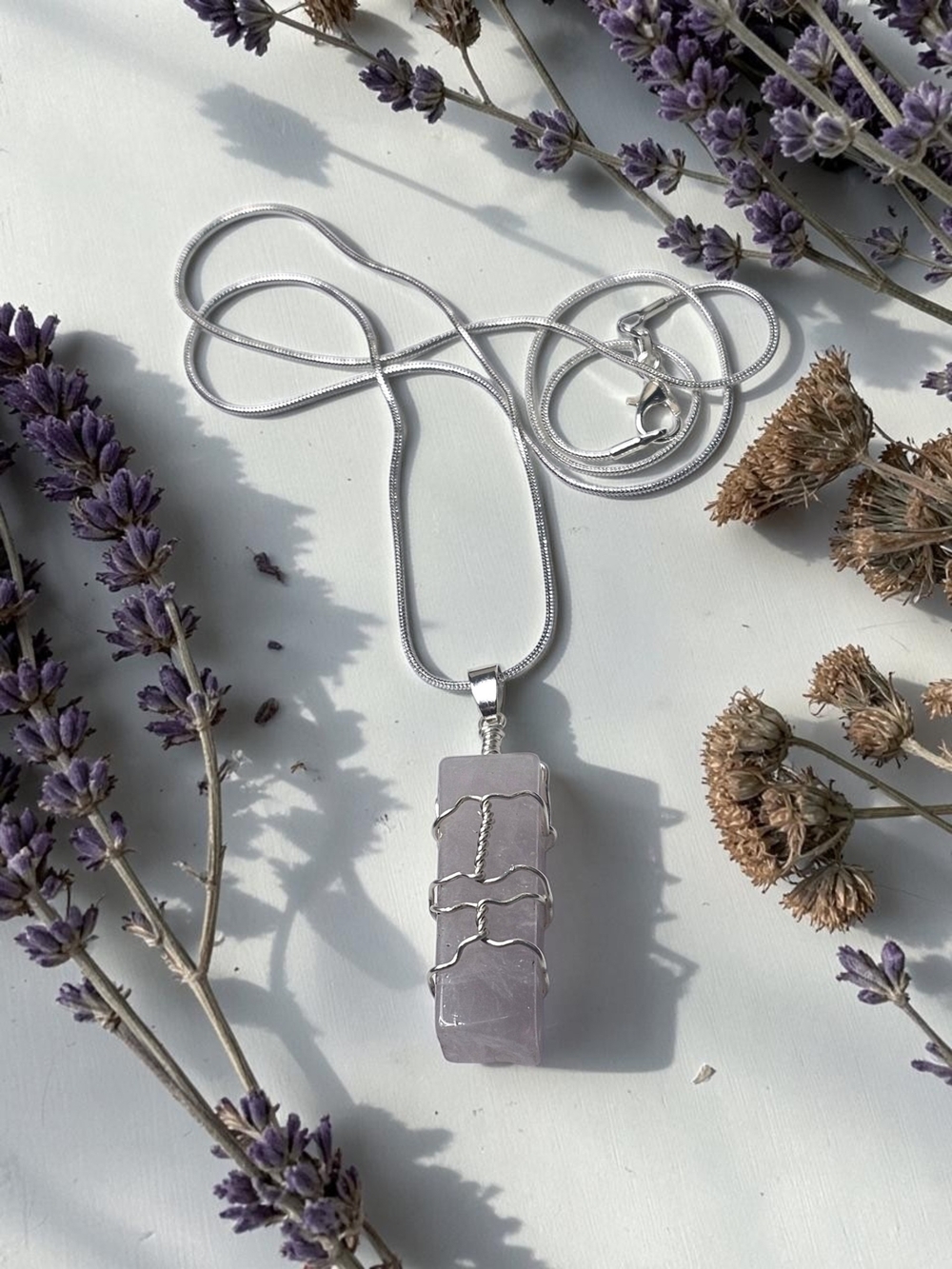 Sterling Silver Rose Quartz Pendant Necklace - Soft Pink Crystal